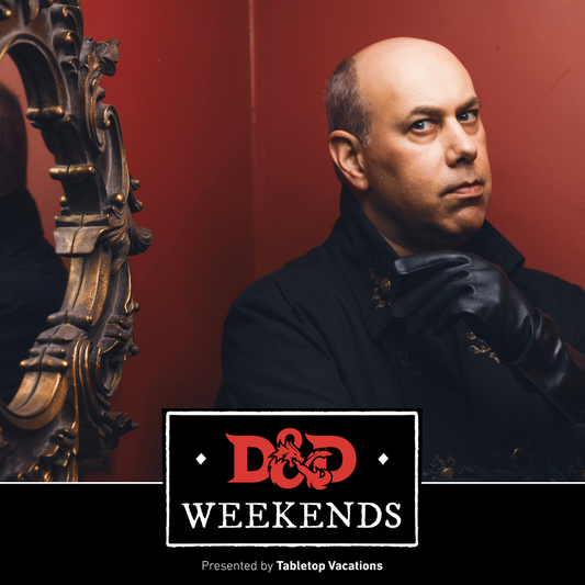 Jason Carl in black clothing sitting next to an ornate mirror with 'D&D Weekends' logo.